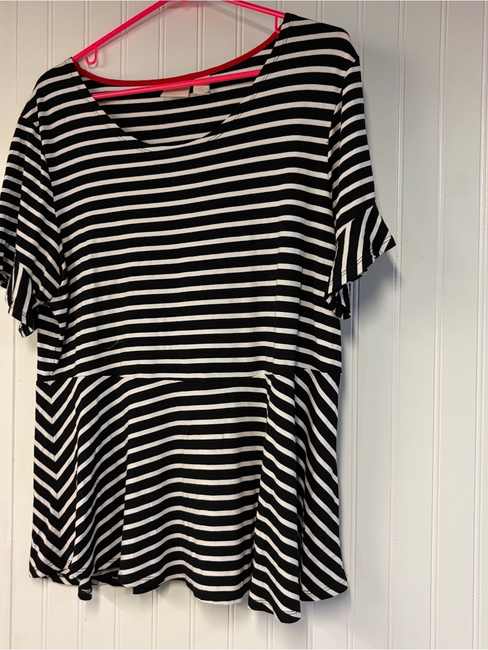 Chico’s Black and White Striped Short Sleeve Peplum Top 2 Large